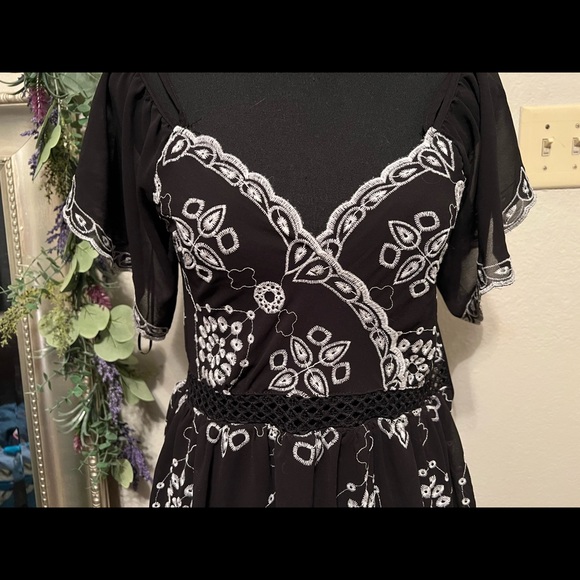 Black Romeo and Juliet Couture Off-shoulder Cocktail Dress w/ Floral Stitching - Picture 2 of 5